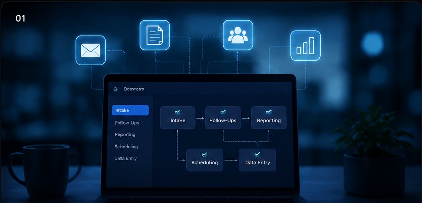 AI workflow automation dashboard connecting intake, follow-ups, scheduling, and reporting